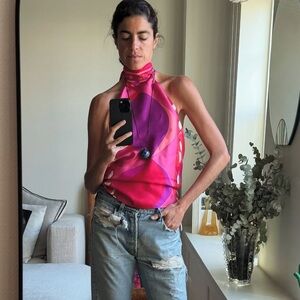 PUCCI Emilio Pucci  Colorful Sleeveless Ruffled Button Down Tank Shirt Blouse